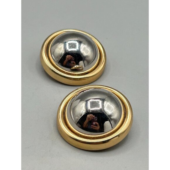 Vintage Signed Napier Clip On Earrings Domed Two Tones Silver Gold Round Buttons - Picture 3 of 7